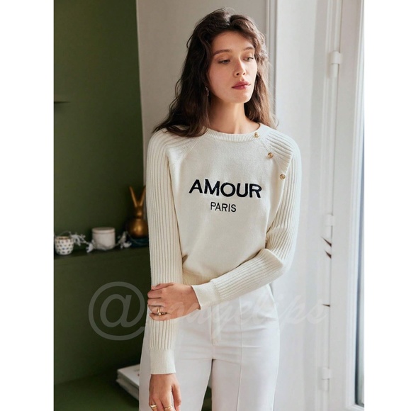 Off White French Style Knit Sweater Text Embroidery Amour Paris Long Sleeve - Picture 4 of 8